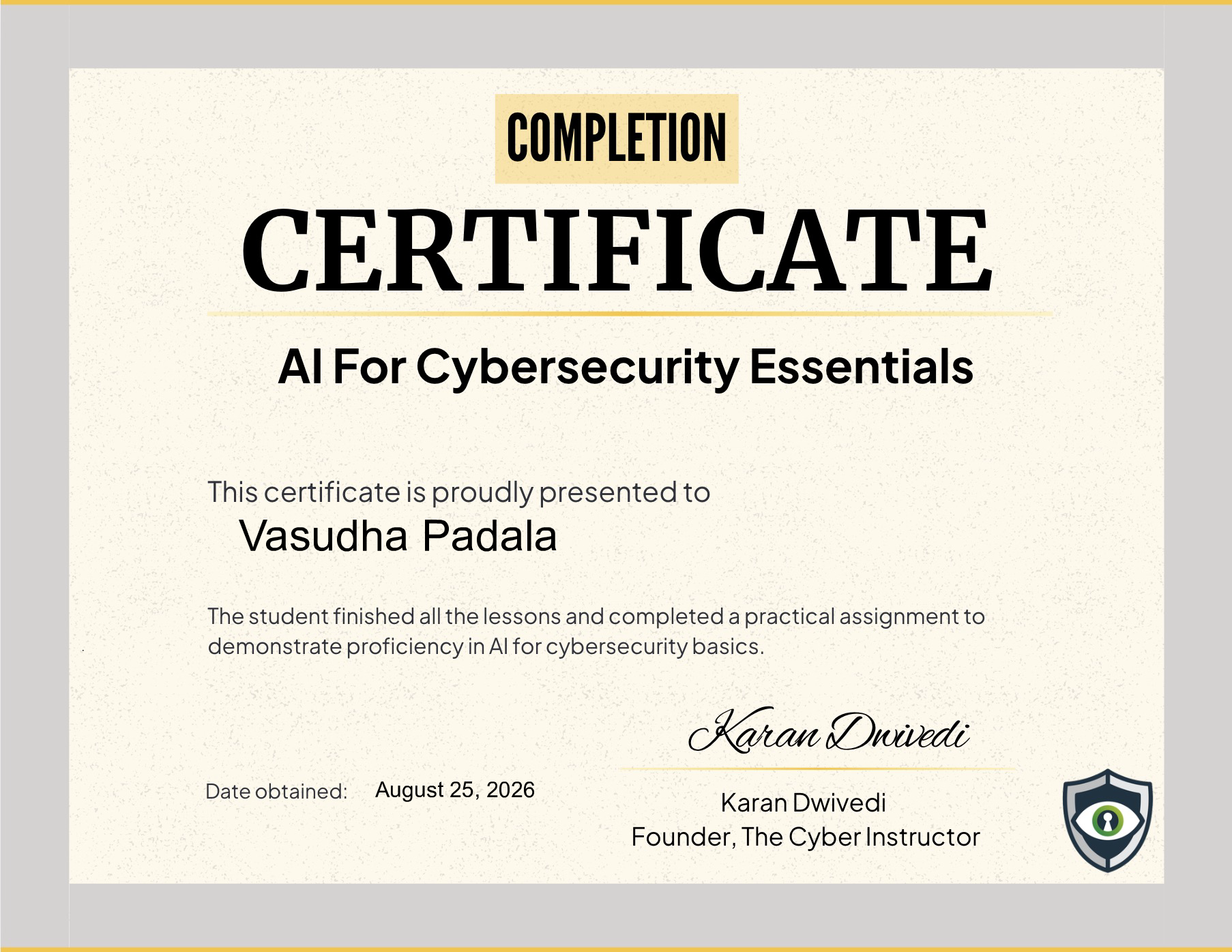 Vasudha Padala - AI for Cybersecurity Essentials