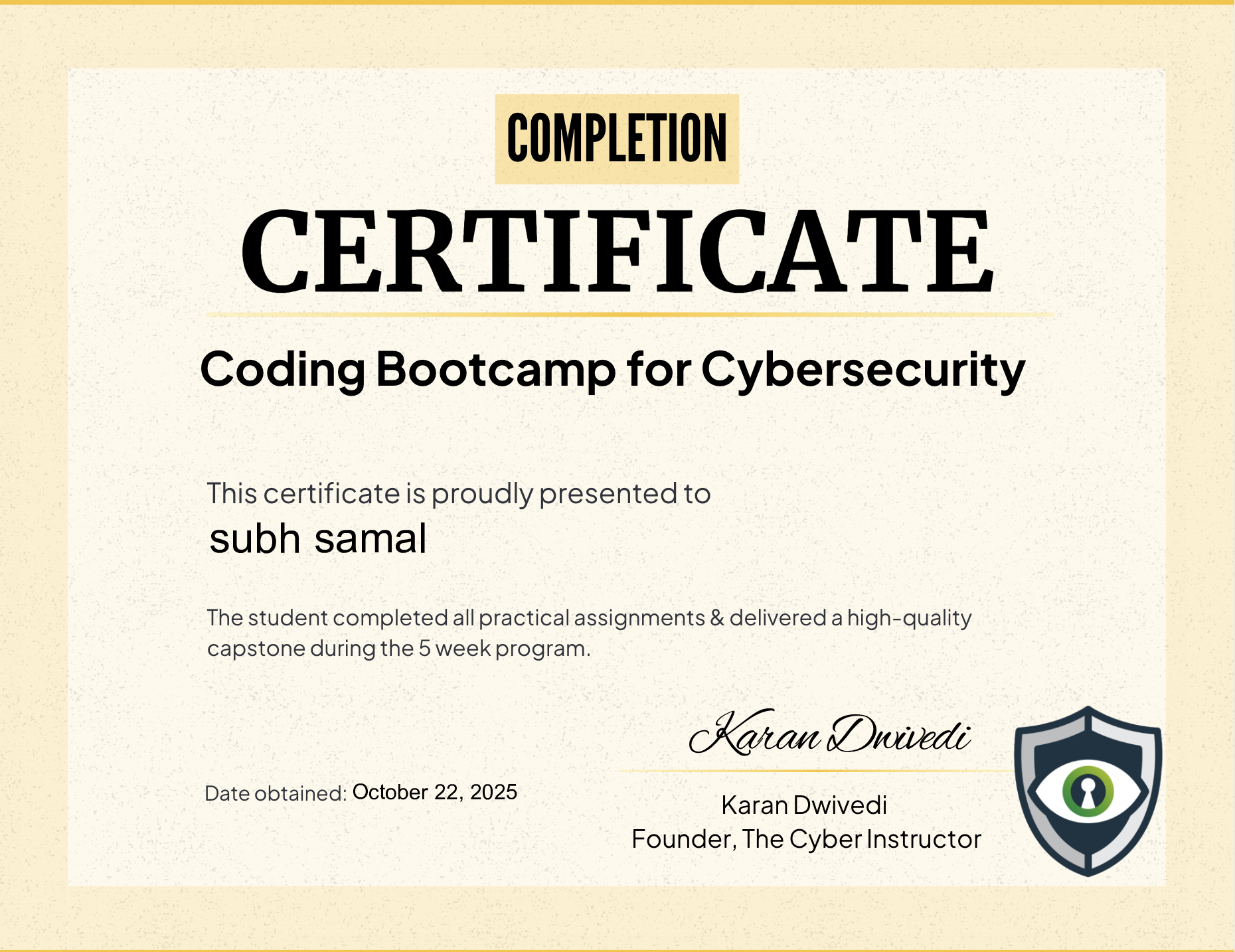 subh samal - Coding Bootcamp For Cybersecurity Professionals