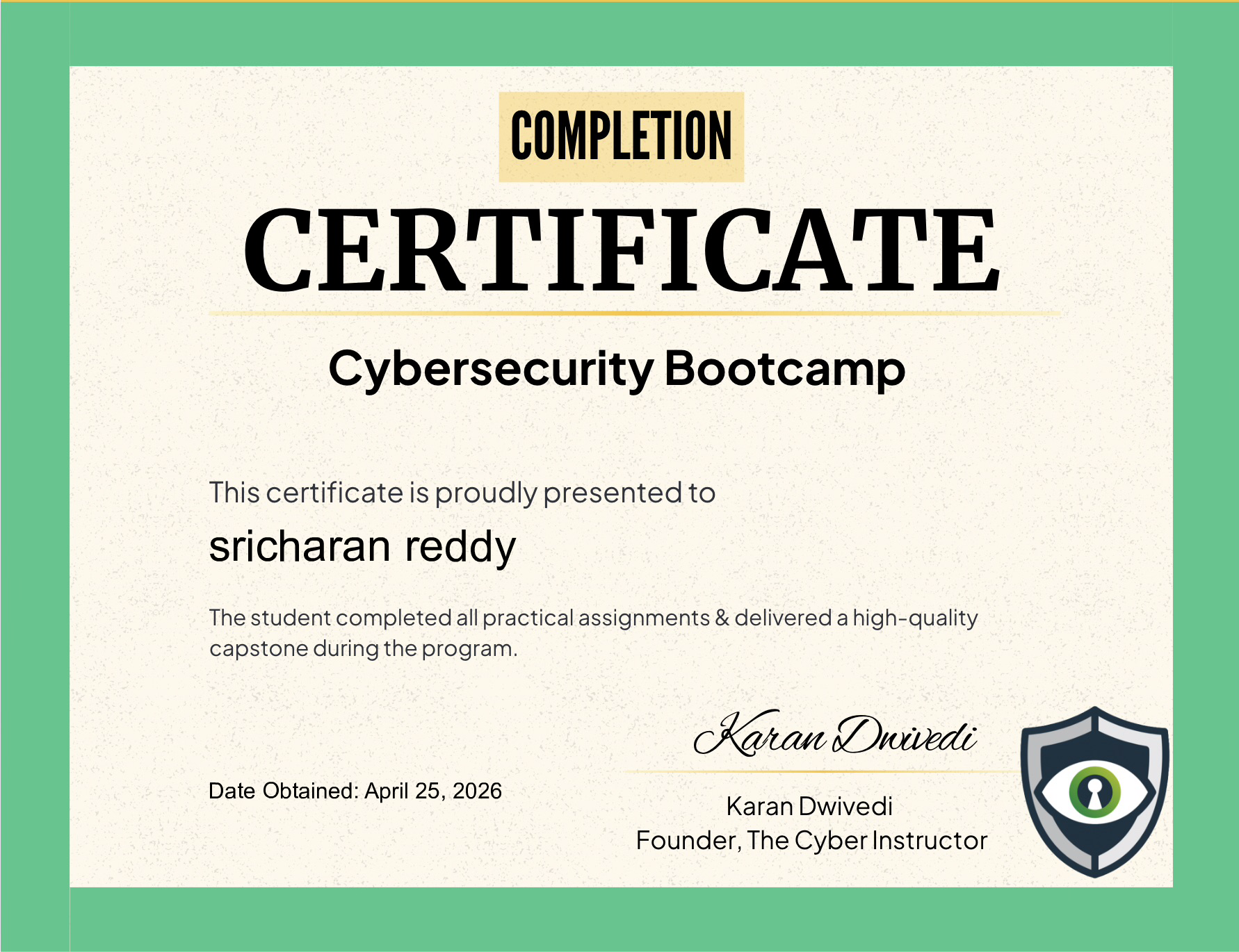 sricharan reddy - Cybersecurity Bootcamp